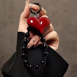 Red Heart Phone Chain Wrist Strap Phone Case Lanyard Black Beads Keyring Plastic